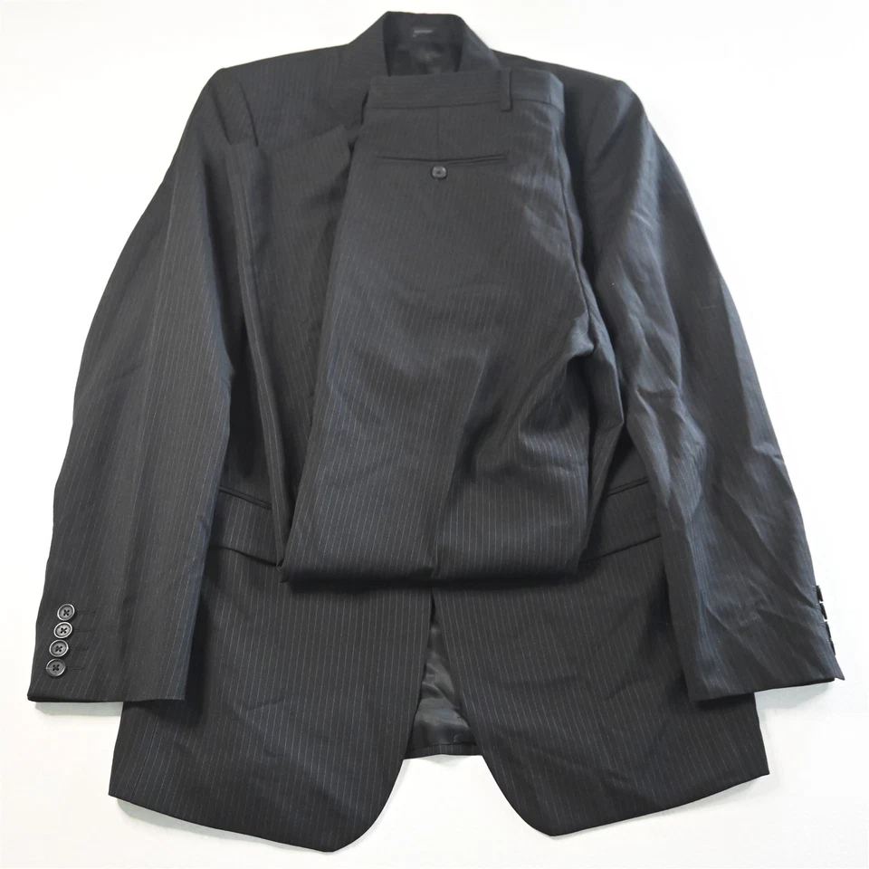 Express 38R 32x32 Black Striped 100% Wool Mens Jacket Pants Suit - Image 1 of 4