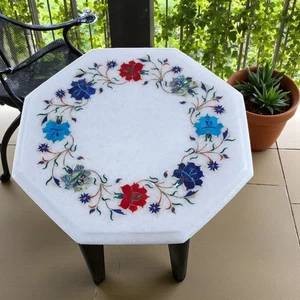 15"Octagon White Marble Inlay Coffee & End Table Floral Multi Precious Stone Art - Picture 1 of 9