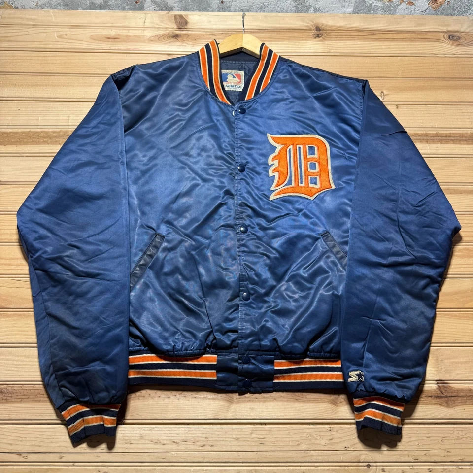 Vintage 80s Detroit Tigers MLB Football Patch Embroidered Satin Bomber Jacket XL - Image 1 of 4