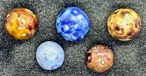 5 ANTIQUE BENNINGTON MARBLES BLUE BROWN FANCY 1800's HANDMADE GLAZED old toy - Picture 1 of 6