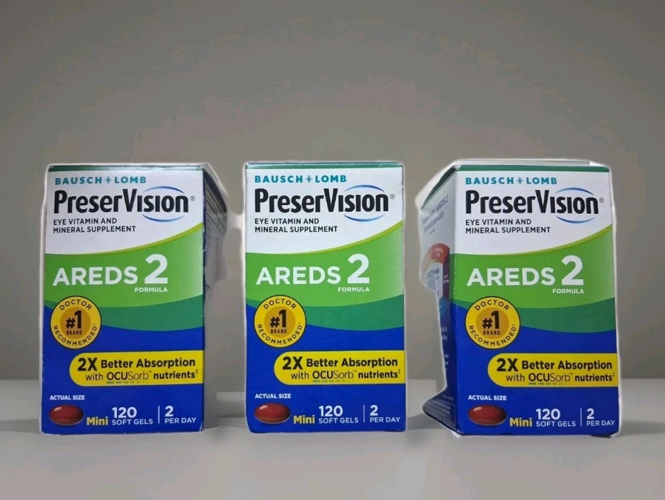 Lote de 3 botellas de PreserVision AREDS 2 Bausch+Lomb 120 cápsulas blandas vitamina para ojos 12/26 Foto 1 de 4