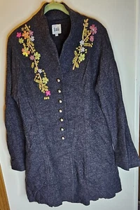 Rosie Neira for Anthro Womens L Cynthia Gray Embroidery Flowers Wool Coat - Picture 1 of 10