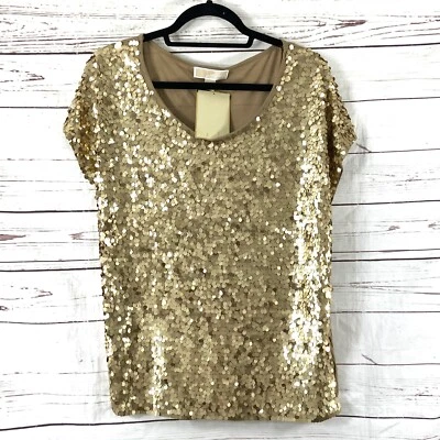 Top Michael Kors para mujer mediano dorado/camel oscuro lentejuelas mangas cortas Foto 1 de 4