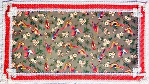 Birds Oilcloth Table Runner,Red&Blue Birds,Flowers,Red/White Lace Edge,43"x23.5" - Picture 1 of 4