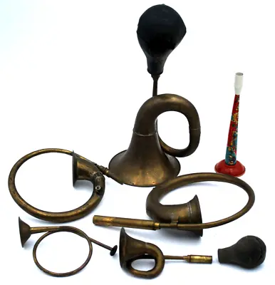 6 Old Horns Brass Tin Awooga Car Home Vintage Musical Instruments Decor • 133.56$