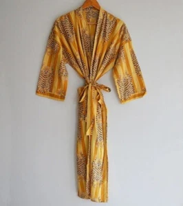 Indian Yellow Tiger Print Kimono Robe Night Maxi Gown Cotton Beachwear Kimono US - Picture 1 of 4