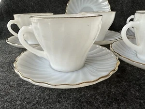 Vintage Anchor Hocking MCM White Milk Glass Swirl (5) Cups and (6) Saucer Sets - Picture 1 of 24
