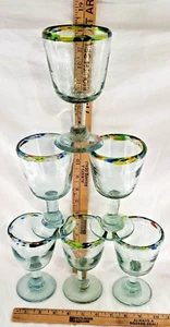 6 Mexican Hand Blown Heavy Art Glass Confetti Rim Wine/Water Goblet Glasses - Picture 1 of 24