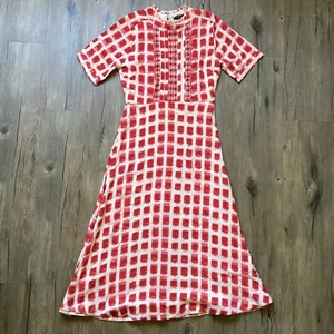Vineet Bahl Womens Embroidered Linen Midi Dress XS Red Checkered 3/4 Sleeve - Picture 1 of 14