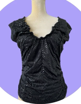 RAMPAGE VTG 90S  Black Sparkle Dots Top Ruched Ruffle Stretch Split Sleeve  L - Image 1 of 4