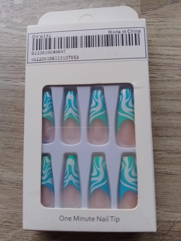 False Nails Nude Coffin Baby Blue Swirl White Marble Pattern Light Pink Peach - Image 1 of 1