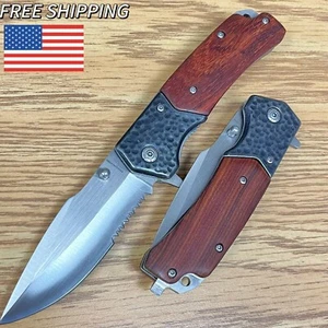 9" Wood Quick Open EDC Spring Assisted Pocket Knife Folding Tactical Open Blade - Picture 1 of 6
