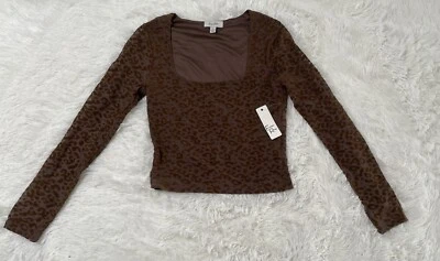 NWT Faded Rose Womens M Brown Velvet Mesh Leopard Print Long Sleeve Crop Top NEW - Imagem 1 de 4