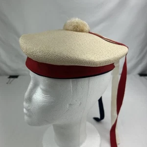 Vintage Sears Cream Straw Boater Hat - Red/White/Blue Ribbon w/Pom Pom - RARE! - Picture 1 of 10