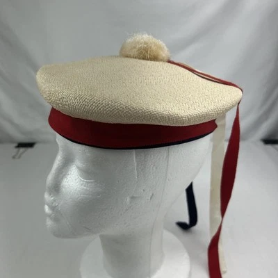 Vintage Sears Cream Straw Boater Hat - Red/White/Blue Ribbon w/Pom Pom - RARE! - Image 1 of 4