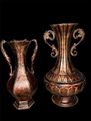 Juego de 2 jarrones urnas de metal con acabado de cobre bronce ornamentado tradicionales envejecidos dec Foto 1 de 4