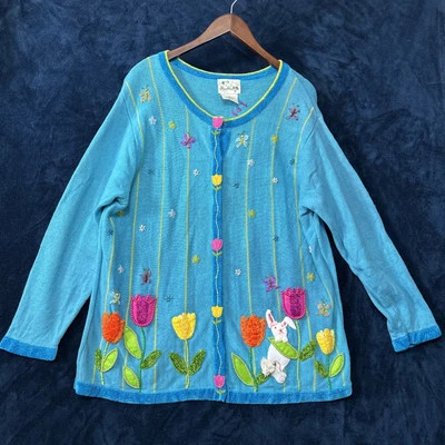 The Quacker Factory Womens Beaded Easter Cardigan Sweater Size 1X Blue Embellish - Image 1 of 4