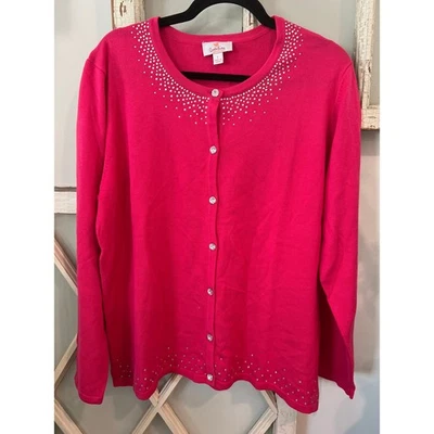 The Quacker Factory size large pink cardigan sweater rhinestone details  - Image 1 of 3