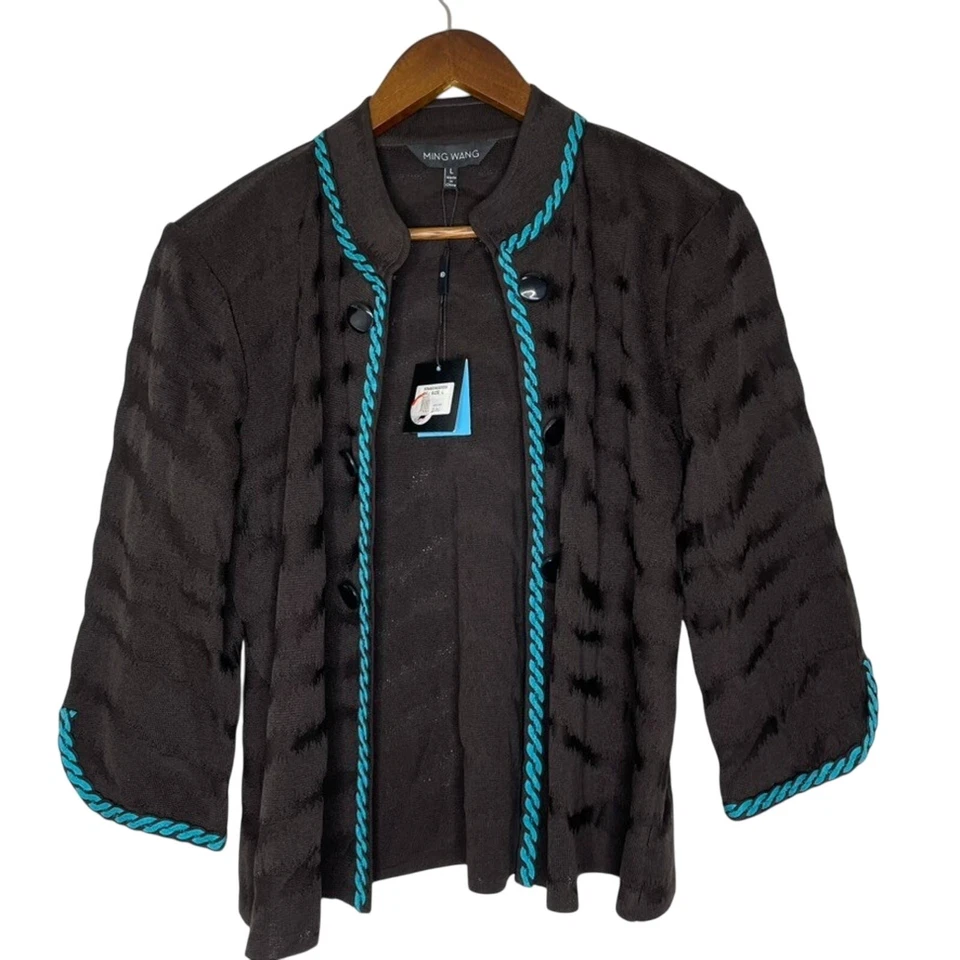 Ming Wang Jacket L Brown Blue Trim Open Front Textured Knit Career Chic NEW - Image 1 of 4