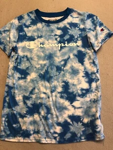 Champion T Shirt Kids Boy's Medium 10-12 Blue Tie Dye Logo Activewear/Casual Tee - Picture 1 of 6