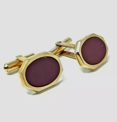 Vintage Pair Men's Cufflinks Gold Tone Metal with dark red stones possibly agate - Image 1 of 4