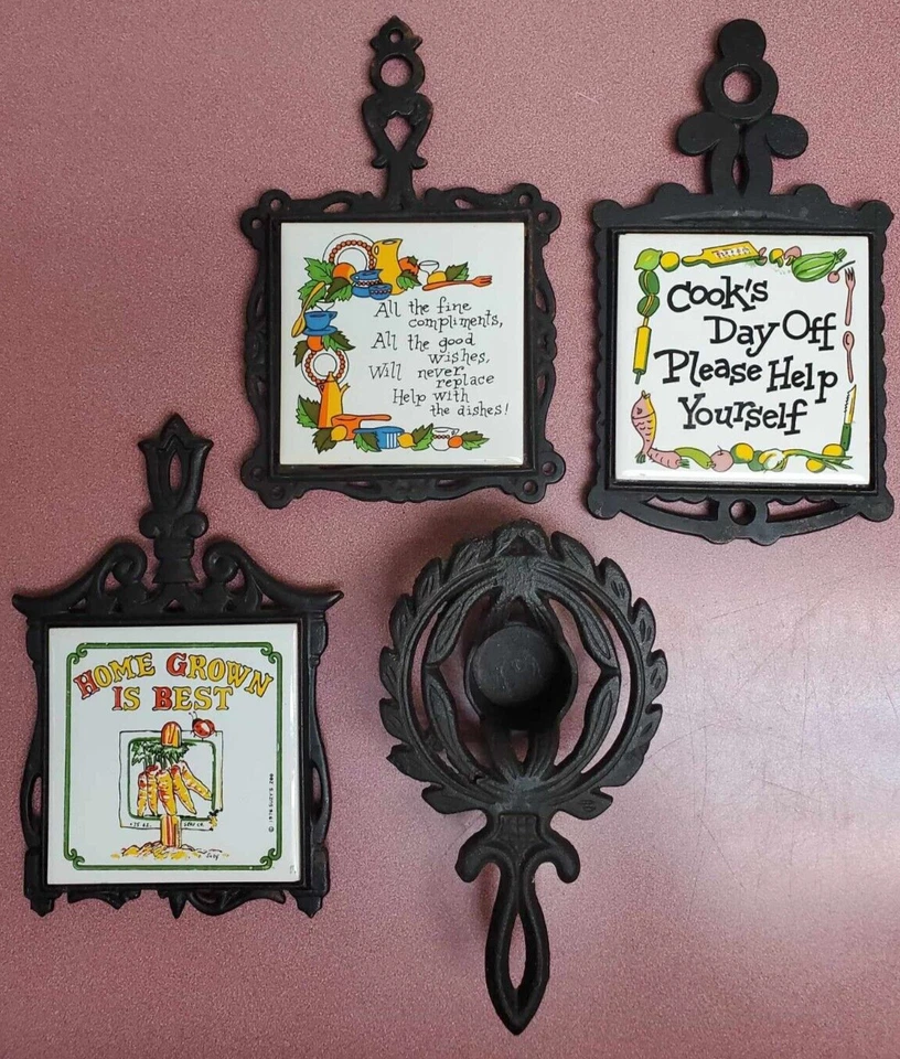 VINTAGE Lot of 3 Cast Iron Tile Trivets + Pot Warmer Wall Decor - Mixed Lot - Image 1 of 4