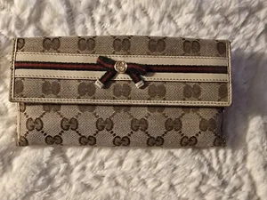 Authentic! GUCCI GG Beige Sherry Line Bifold Long Continental Wallet Bow Dustbag - Picture 1 of 20