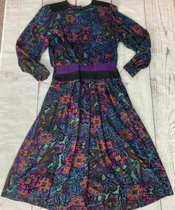 Vintage Raoul Size 12 Leather Trim Paisley Button Top Dress 80s Long Sleeve - Picture 1 of 12