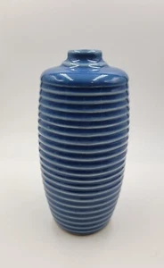 Blue Ribbed Banded Ringware Pottery Vase  - Picture 1 of 5