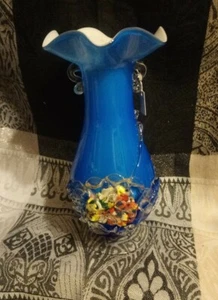 Vintage Murano ? Blue Glass Vase, with Applied Flowers. 9 inches tall 79 - Picture 1 of 6
