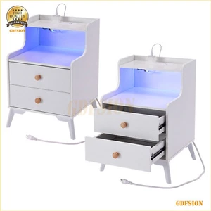 Nightstands Set Of 2 With Charging Station LED Bedside Tables White/Brown/Black - Picture 1 of 54