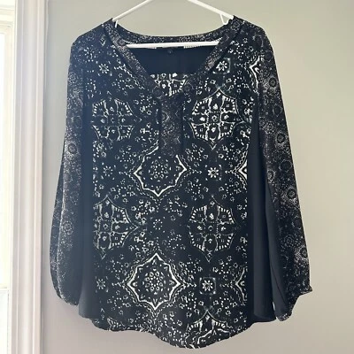 Blusa para mujer Nanette Lepore manga larga negra batik 100 % seda talla grande Foto 1 de 4