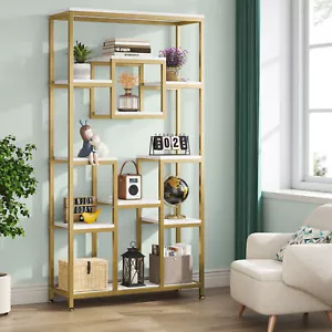 White Gold Bookcase Bookshelf Tall Etagere Open Display Rack Storage Shelving - Picture 1 of 12