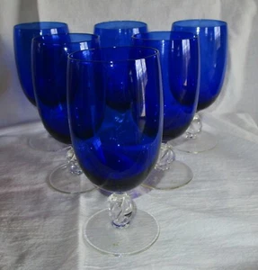 6 VINTAGE COBALT BLUE GOBLET CRYSTAL GLASS STEM JUICE GLASSES 5" tall BEAUTIFUL! - Picture 1 of 4