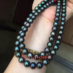 long AAAAA 36" 9-10mm Natural REAL TAHITIAN black Green blue pearl necklace 14K - Picture 1 of 6