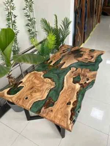 Curvy edges Green water Wooden Epoxy resin art dining table | Luxury Resin Top - Picture 1 of 12