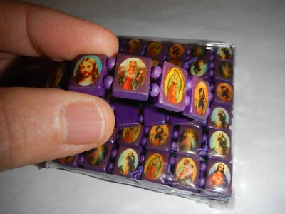 LOT OF 12 Jesus Mary Guadalupe Sacred Heart Santo Bead Bracelet - Purple Wood - Image 1 of 4