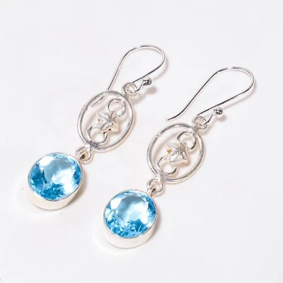 Gift For Women Drop/Dangle Ethnic Earrings 925 Silver Swiss Blue Topaz Gemstone - Image 1 of 4