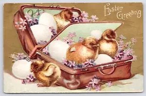 1910s Easter Greetings -Four Chicks in Suitcase- Purple Flower Unposted Postcard - Picture 1 of 2