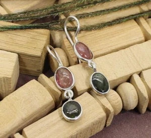 Pendiente de plata de ley 925 hecho a mano con piedras preciosas naturales de turmalina rosa-verde regalo - Imagen 1 de 6