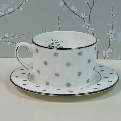 New Kate Spade x Lenox Larabee Road Platinum Cup & Saucer Set Silver Polka Dot