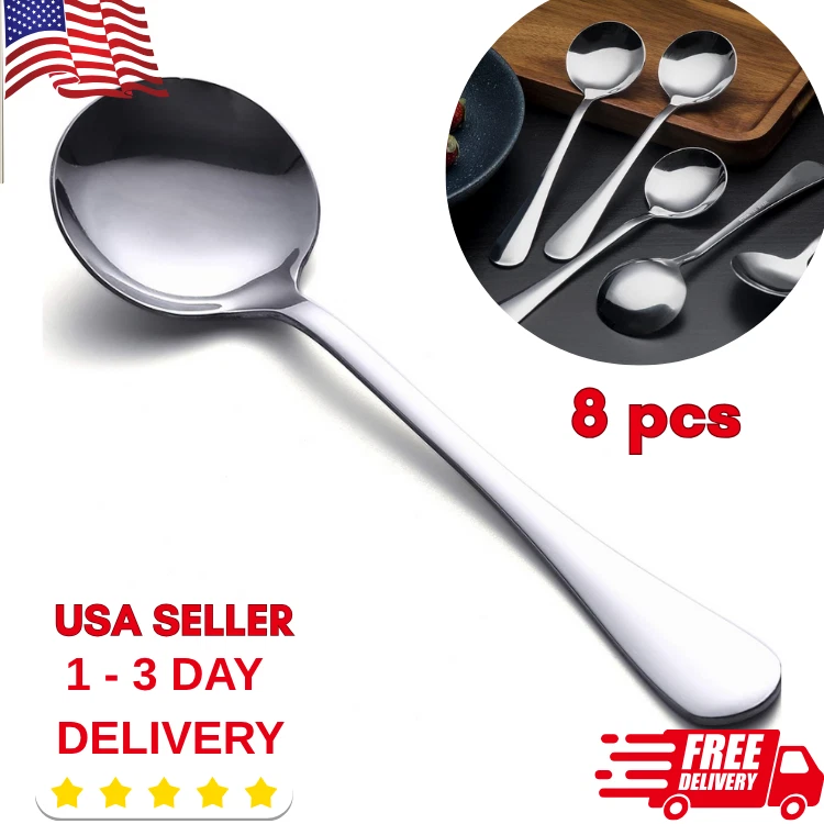 Soup Spoons 8-Piece Premium Stainless Steel round Heavy-Weight Flatware Kit USA - Image 1 of 4