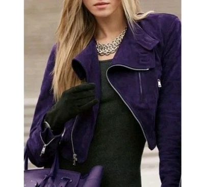 Ralph Lauren Black Label Women’s Purple Lambs Suede  Silk Lined Moto Jacket Sz 8 - Image 1 of 4