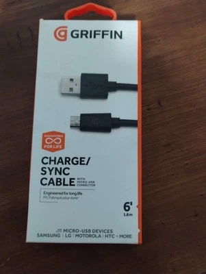 Griffin Black 6ft Charge & Sync Cable for Micro-USB Devices - Samsung, LG, Moto - Image 1 of 2