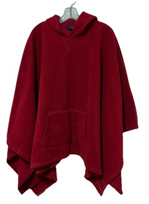 VTG Denim & Co Poncho Fleece Pullover Cherry Red Kangaroo Pocket Plus Size Boho - Image 1 of 4