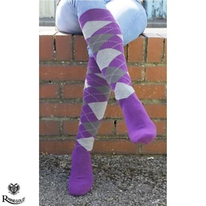 Rhinegold Fully Cushioned Sole Long Riding Socks  PURPLE and GREY Super Stretchy - Picture 1 of 8