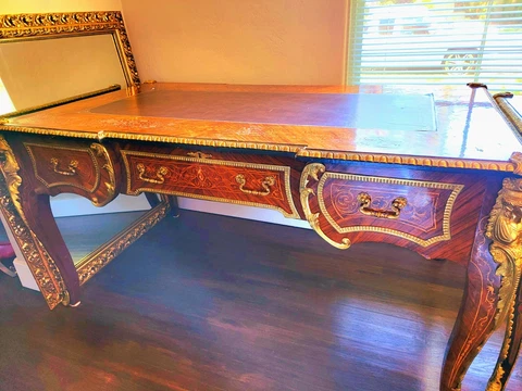 Louis XVI Style Desk with Leather Top & Gilded Ornaments Cover
