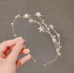 Pearl Rhinestone Bridal Star Headband Leaf Wedding  Headpiece Tiara Gold Crown - Picture 1 of 2