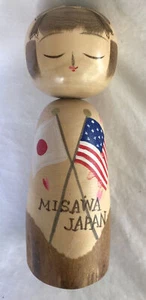 Vtg Japanese Kokeshi Doll Misawa Japan Flags Hand Painted Wood 7.25” Signed - Picture 1 of 7