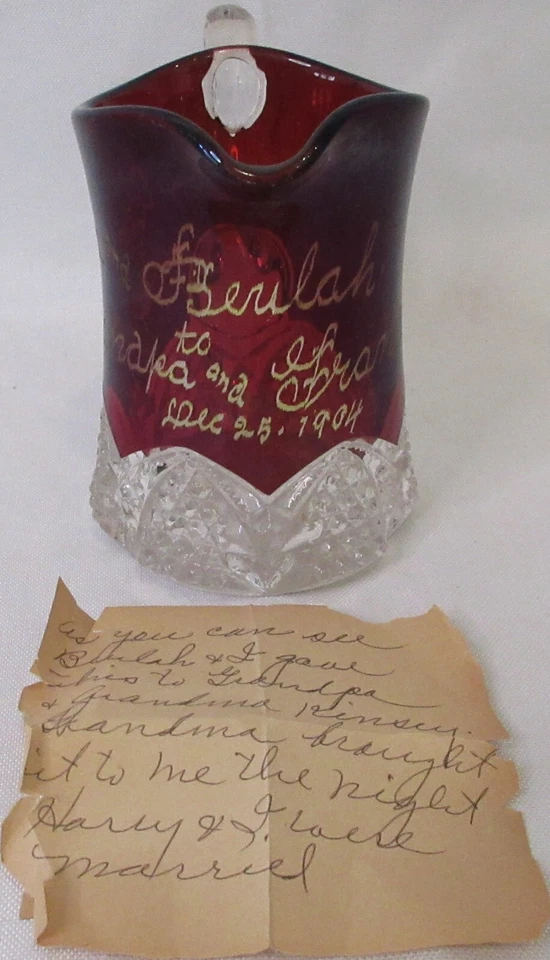 Antique Etched 1904 Ruby Red Crystal Clear Glass 3.75” Creamer Pitcher Christmas - Image 1 of 4